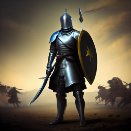 knight with discipline and honor standing surrounded by enemies but still standing his ground bleeding determined