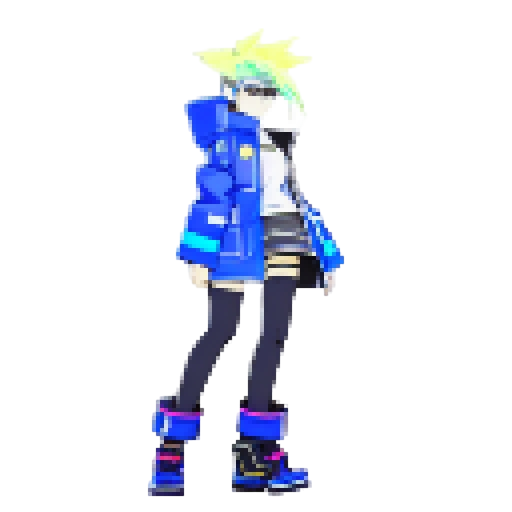 A cyberpunk themed character with yellow hair that has black highlights, with an oversized blue jacket, shooting with a gun, side view, JRPG style. No Background.