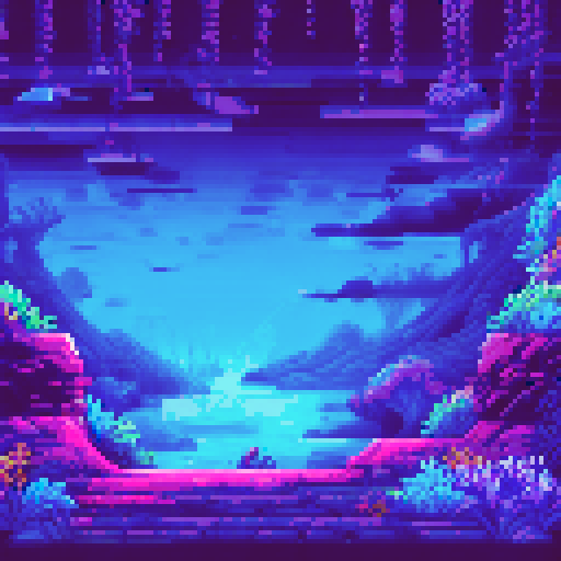 Create a deep sea environment with little light and the sea bed at the bottom, add blue glowing sea plants