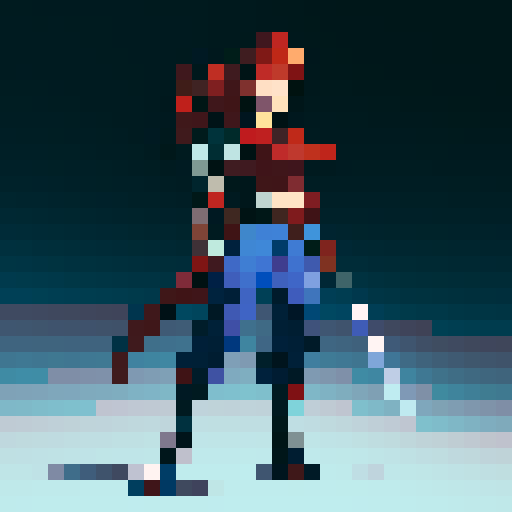 Sprite of a JRPG character with red hair, silver armor, blue pants and black shoes, holding a sword.