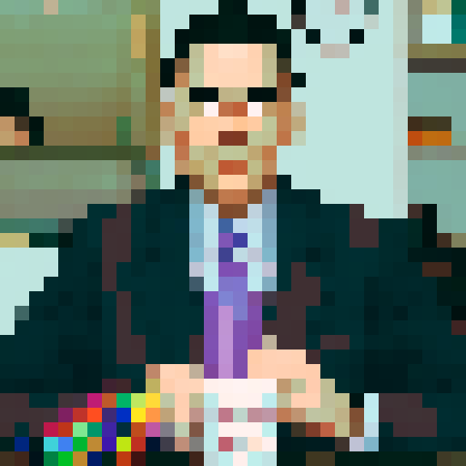 Middle-aged Caucasian male with receding dark hair, dressed in a business suit. Expressive eyebrows and a slightly bemused expression, symmetrical image 