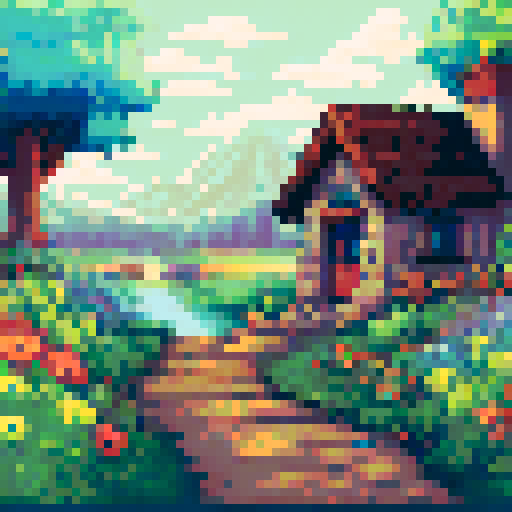 cottage with winding flagstone path, overgrown garden of wildflowers, muted pastel colors, kawaii cute cottagecore, sRGB, pixel art, background, landscape