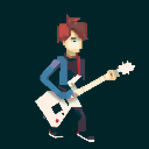 hacker boy with electric guitar in a rainy day, pixel art