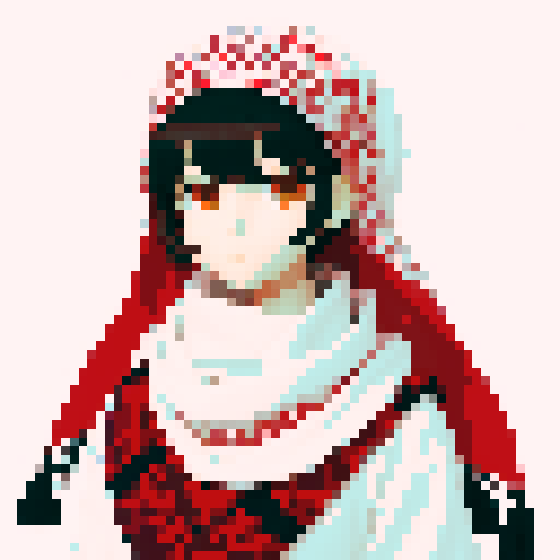 "Create an image of a traditional Middle Eastern ghutrah (keffiyeh) with a classic white and red checkered pattern. The ghutrah should be draped over the head of a mannequin or a person, showcasing its elegant folds and how it sits on the shoulders. The fabric should have a soft, woven texture with the red and white pattern clearly defined. 