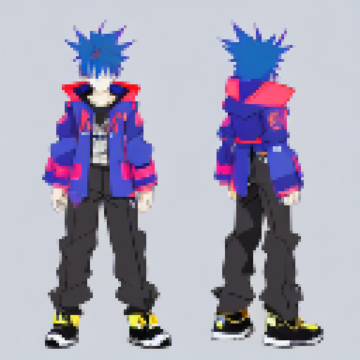 A cyberpunk themed character with yellow hair that has black highlights, with an oversized blue jacket, standing idle like a JRPG battle idle pose. No background.