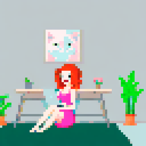 cute, curly redhead with green eyes, smiling, cleavage, head phones, pink and black dress, sitting at gaming desk with grey cat, pixel art, wide shot, in a room with plants and stuffed animals behind her, paintings on the wall, sRGB