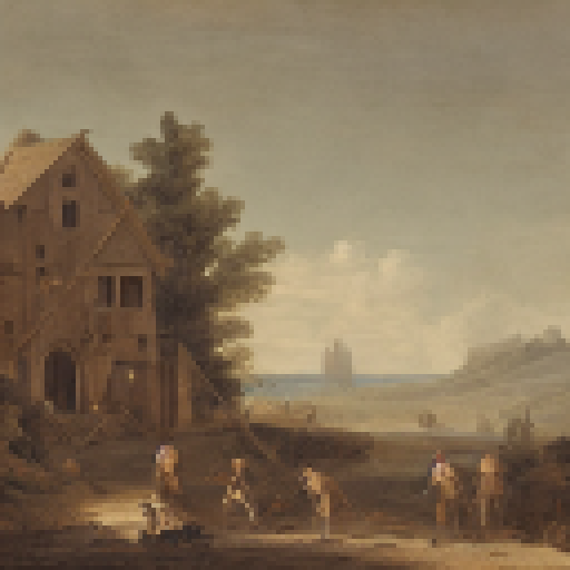landscape with wood and stone buildings, people crafting and fighting monsters