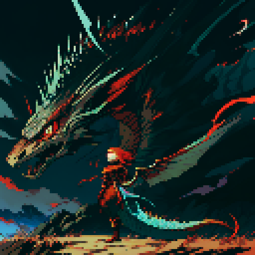 red dragon, fiery scales, sharp claws, fierce expression, towering presence, detailed pixel art, vibrant colors, textured scales, intricate patterns, glowing eyes, majestic wings, powerful tail, smoke billowing from nostrils