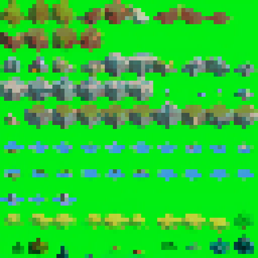 a full environment tileset collection for an isometric 32x32 2d tile game, semirelistic with multiple types for each tile for procedural generation