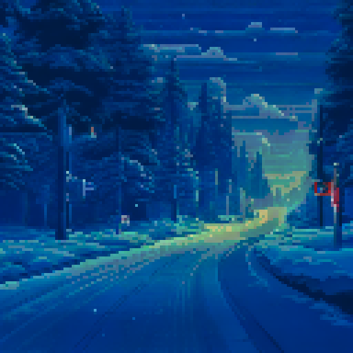 glowing neon sign reflecting off the snowy ground, road covered in a white snowy blanket, distant treeline silhouette, sRGB, pixel art, background, landscape