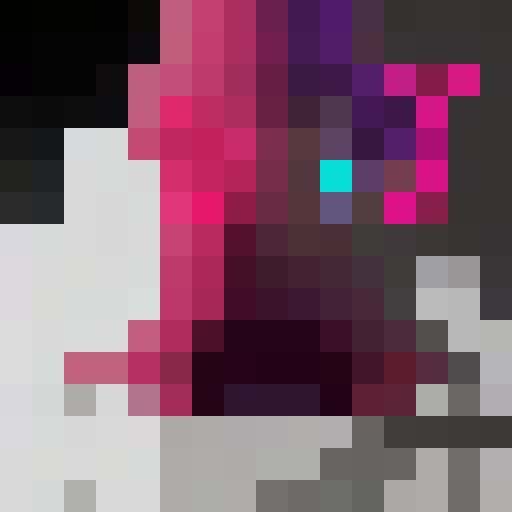 Rainbow-hued hair cascading down a pixelated face with neon eyes and a bright smile, set against a black background in a 16x16 pixel portrait.