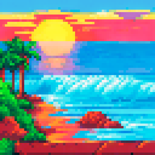 A sunrise at the beach, capturing the moment with part of the sun still below the horizon and the ocean calm. There are large rocks in the water and palm trees on the beach. 