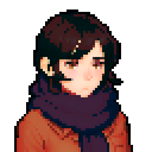 portrait, sprite art, young woman, dark eyes, dark hair, shy girl, awkward, cute, soft eyes, autistic, cozy, scarf, shy, timid, stardew valley