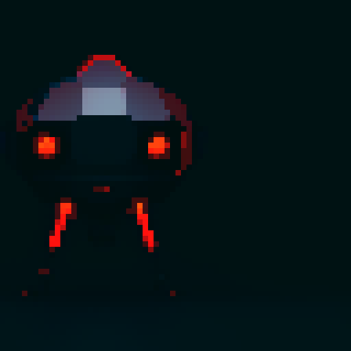 evil robotic drone, sharp metallic edges, glowing red eyes, hovering in mid-air, pixel art