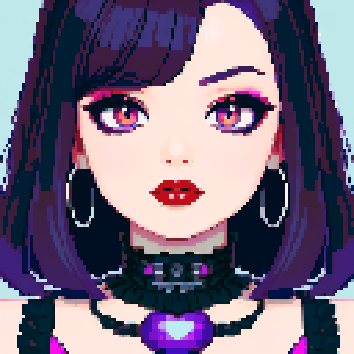 curvy, cute, goth girl, black hair, purple eyeshadow, red lipstick, full head portrait, glamour shot.