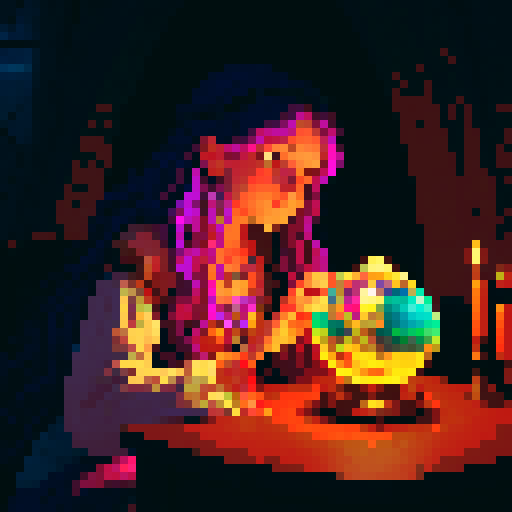 High definition image of a young bohemian witch with flowing hair and colorful attire, gazing into a glowing crystal ball, view as if you are the client, surrounded by magical items and candles.