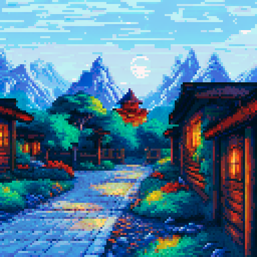 lantern light, shimmering glow, rustic wooden lantern, flickering flames, illuminating a tranquil garden, vibrant pixelated flowers, towering mountains in the distance, serene moonlit sky, sRGB color palette, detailed pixel art, immersive background, picturesque landscape