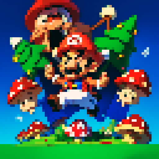 Mario from Nintendo, wearing a Santa Hat, Jumping on a mushroom. Celebrating Christmas with Luigi who is holding a star and looking at him. 