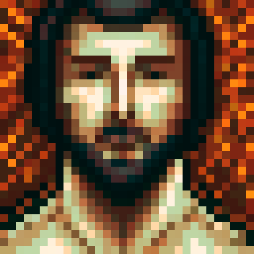 woodcutter, medieval style, game icon, 32x32 pixel art, sRGB, skill art, close up, portrait, axe, rugged face, determined expression, sweat dripping, wooden log, splintered bark, flying wood chips, dusty atmosphere, wooden shavings