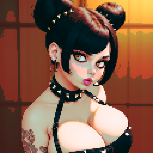 curvy, busty goth babe with studded collar, hair in buns, aroused nude big titty cat girl in a close-up nude glamour shot, wearing halter top, pixel art, sRGB