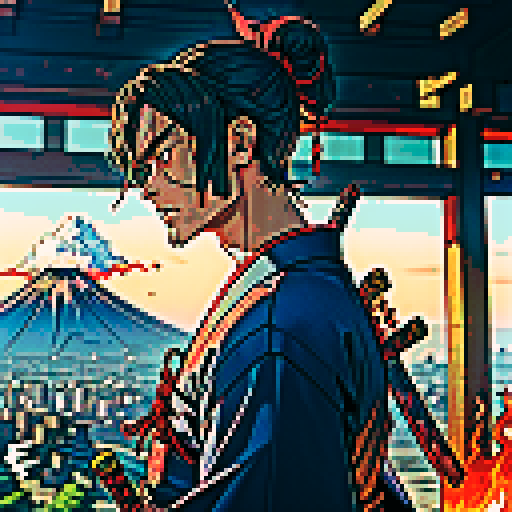 A battle has just ended, our male character is a japanese samurai, he is tired from the battle, his sword is dripping with blood and he's overlooking the burning shrine from his town that has just been attacked. On the backgrouund you can see old Tokyo and Mt Fuji.