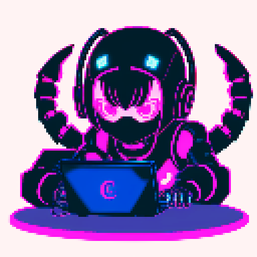 cute cyberpunk scorpion with human head, human head is from anime inspired character with short pink hair, expressive eyes, and a mouth mask, scorpion is playing computer games, tables with coca cola, scorpion's tail should be fully in the picture, yellow and cyan and light blue light