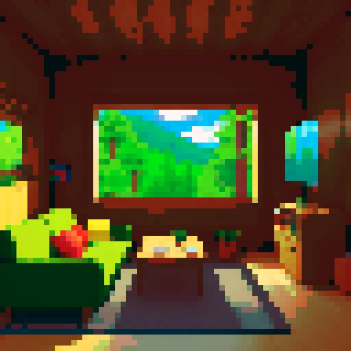 n64 game console in cozy room with the image of a cabin and forest on the screen saying "start"

