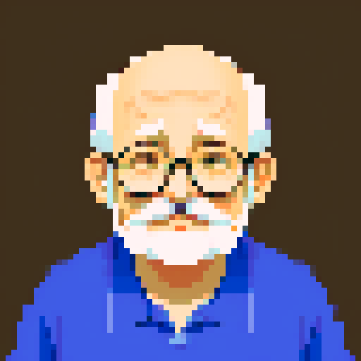 portrait, sprite art, old man, store clerk, cozy, cute, soft eyes, jolly, smoker
