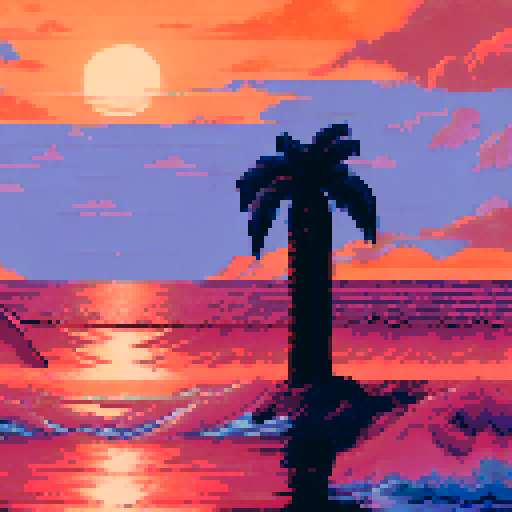 Sunset over the ocean, with waves crashing onto the shore, palm trees swaying in the wind, and a pink and orange sky illuminating the horizon