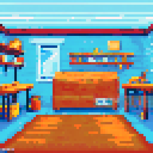 A cluttered workshop with wooden boards on the floor, walls adorned with woodworking tools, workbenches scattered with tools, in a 16bit pixel art style, featuring a vibrant sRGB color palette and a background depicting a scenic landscape