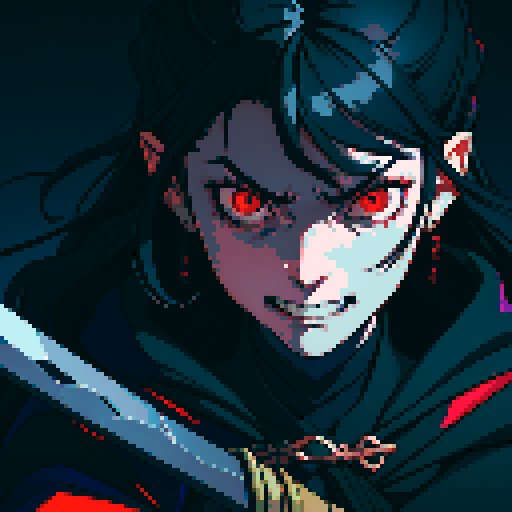 full-body image, evil male villain with long black hair, long thin sword, dark cloak, glowing red eyes, sinister grin, sharp facial features, ominous aura, intense shadows, jagged pixelated lines, vibrant color palette, exaggerated expressions, dramatic lighting in sRGB pixel art style