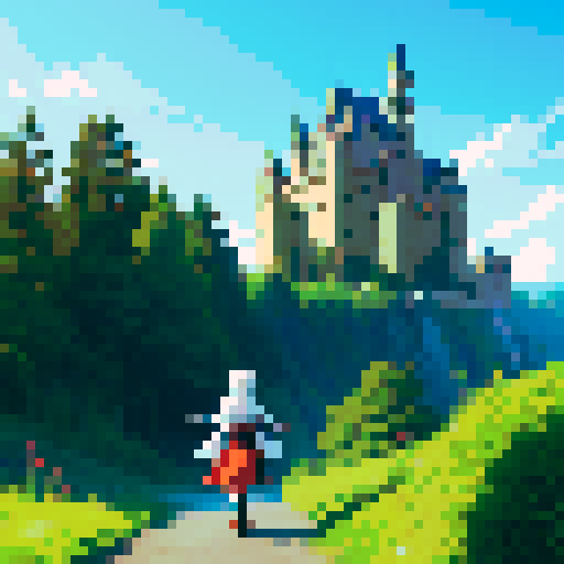Anime warrior on an adventure with a castle in the backgroun. 