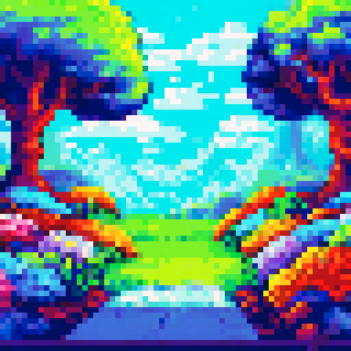 cute cats, sitting in the grass, surrounded by vibrant flowers, with a pixel art style, set against a scenic sRGB background, creating a picturesque landscape