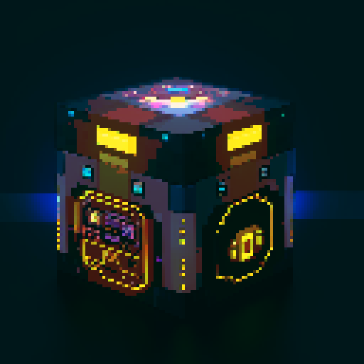 futuristic rectangular lootbox, additional tiers, glowing buttons, intricate details, space stars galaxy glow, pixel art style