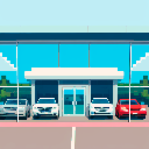 the cars are behind the glass of the car dealership