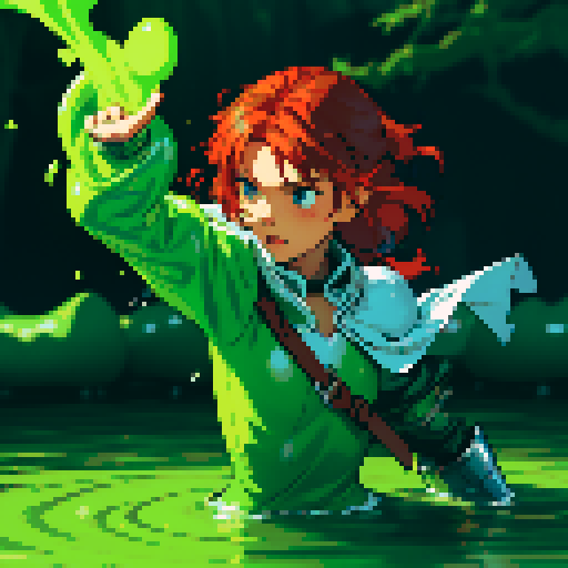 hero sinking into slime, hero drowning in slime, hero has red hair, hero has silver armor