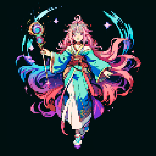 legendary anime girl wizard, long flowing hair, vibrant and dynamic colors, glowing magical staff, intricate and ornate robes, intense and focused expression looking to the right, not wearing shoes, sparkling and shimmering background, detailed and precise pixel art
