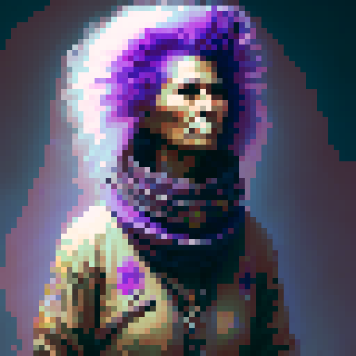 elderly native American woman with purple hair in short braids