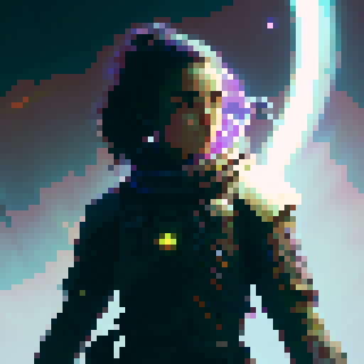 Futuristic girl with neon sword, left side view, ready before attack, vibrant and glowing, in a fantasy RPG art style