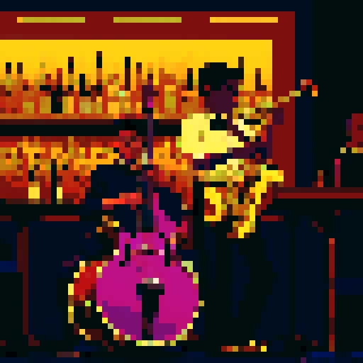 jazz musicians playing instruments, drums, double bass, saxophone, guitar, microphone, dimly lit bar, backlit, black, dark purple, brown, gold, pixel art style, sRGB