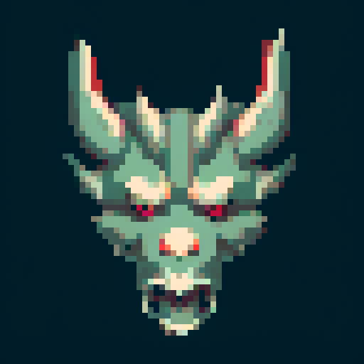 red dragon head, sprite, vibrant colors, glowing eyes, horns, 8-bit art style