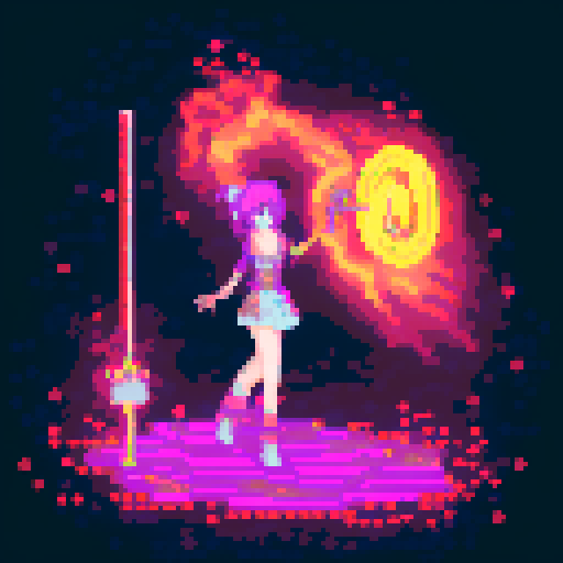  Mage anime girl with flowing hair, fluorescent tattoos, and a glowing staff,  floating in her evil lair