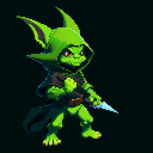 A stealthy and deadly goblin with a hood, twin daggers, and a shadowy presence. It has sharp eyes and a focused expression, ready to strike from the darkness. No background.
