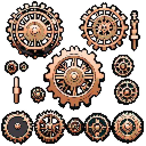 I want a copper gear that looks like it was made by a master clockmaker. It should have strange mechanical details that could interlock with each other. I also want this object usable an asset in a videogame, meaning only one object per image, outlined with a strong black stroke, on a solid-color background.