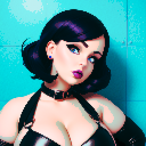 curvy, busty goth girl, face portrait, close up, glamour shot, leather bikini, modern tile backsplash, vivid colors, pixel art, sRGB