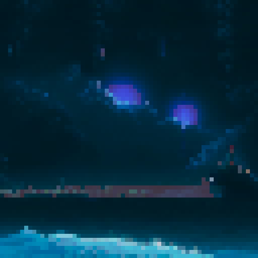ocean waves crashing, moonlit sky with galaxies, pixel art ships sailing