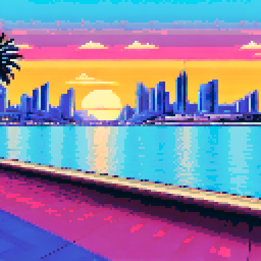 Monaco skyline at sunset, towering palm trees, sparkling ocean, grandstands filled with spectators cheering on their favorite racer, all depicted in retro pixel art style with a muted sRGB color palette