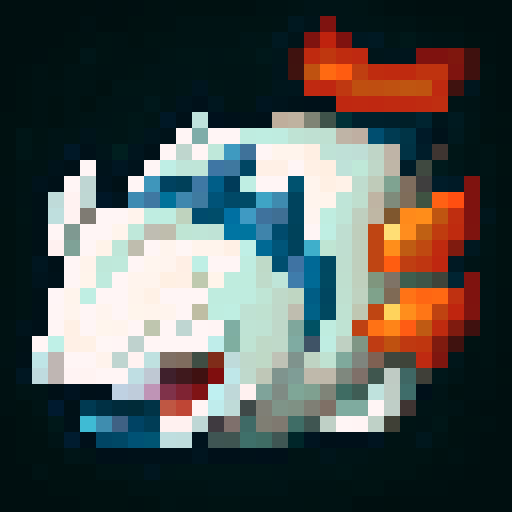 big whale, white fur orange find, blue eyes