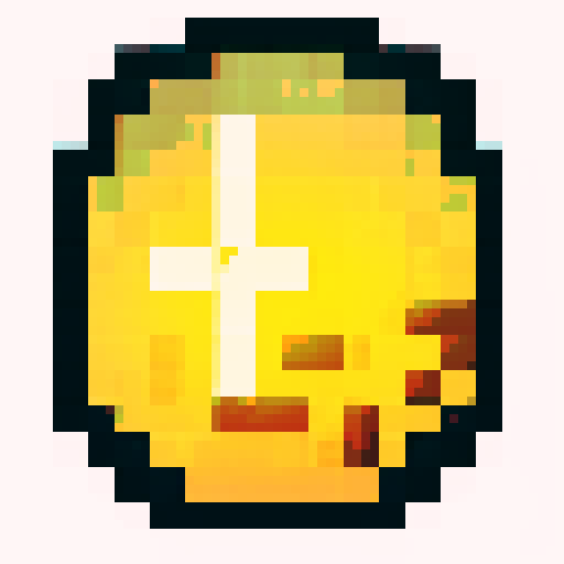 Imagine a digital, pixelated coin, shimmering with a bright golden hue. This coin has a classic round shape, resembling a traditional coin, but its surface is made up of tiny, square pixels, giving it a distinctly digital and retro video game look. The pixels catch light at various angles, making the coin glint and sparkle. On its surface, there is a simple, pixelated design – perhaps a symbol or a character – that is iconic and easy to recognize, yet rendered in a minimalist, blocky style typic