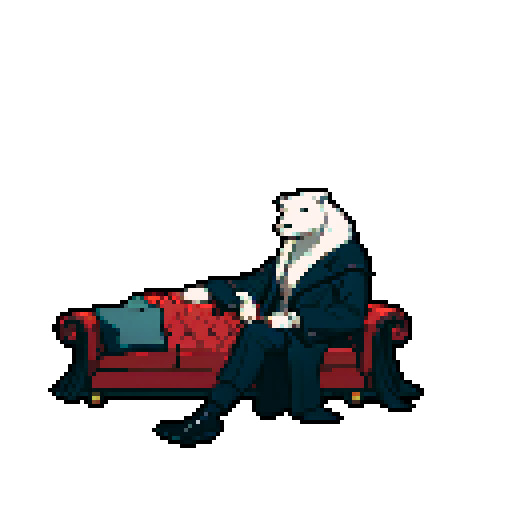 An 8-bit pixel art image featuring an anthropomorphic polar bear living a lavish lifestyle in an opulent mansion. The polar bear is dressed in a sleek tailored suit and stylish sunglasses, exuding wealth and confidence as he lounges on a plush velvet sofa in the center of a grand living room. The mansion's interior boasts intricate 8-bit details: a sparkling crystal chandelier hanging from the high ceiling, gold-plated accents on the furniture, and a roaring pixelated fireplace. To emphasize his